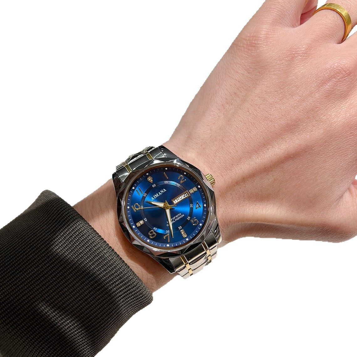 Men's Stainless Steel Quartz Watch with Dual Calendar and Luminous Hands