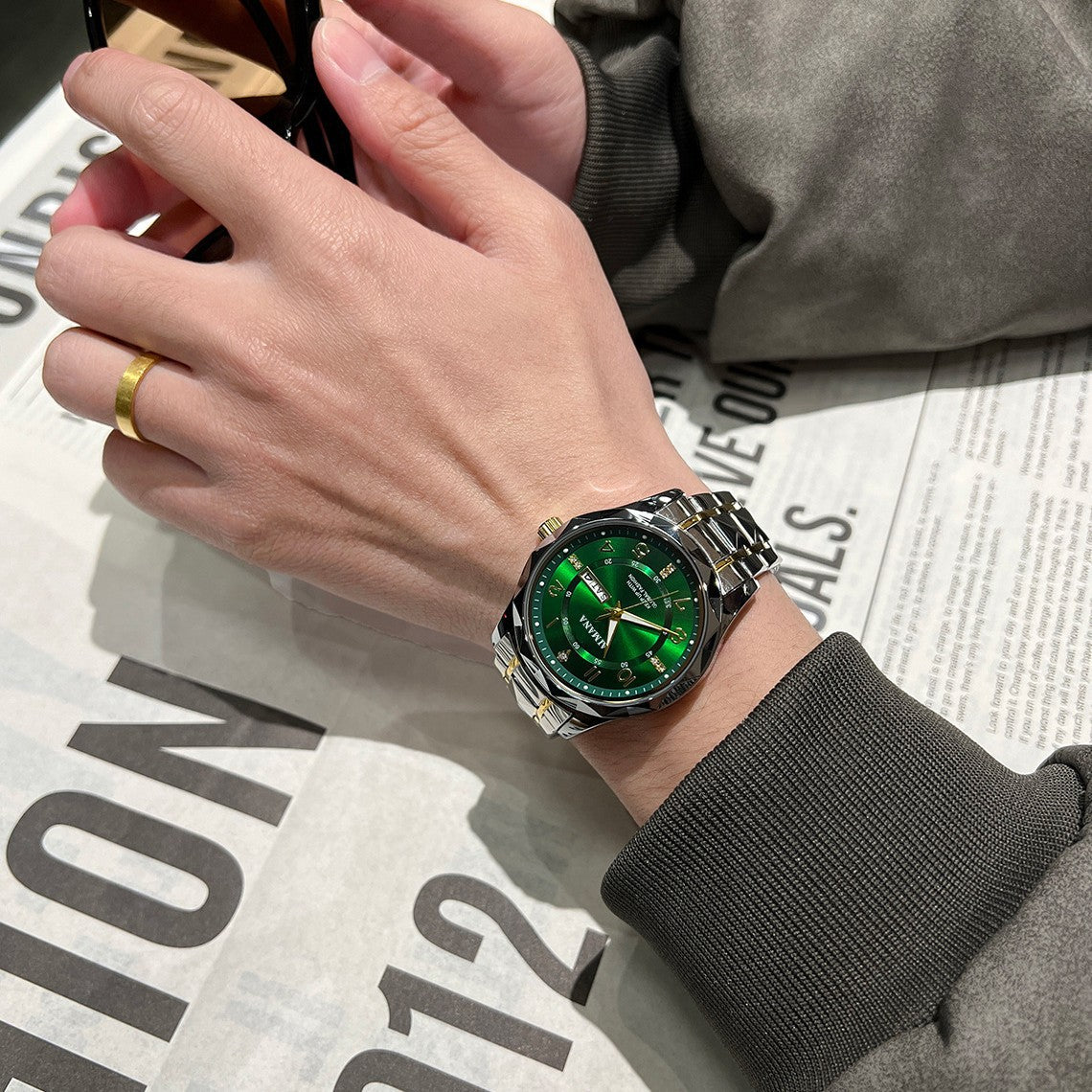 Men's Stainless Steel Quartz Watch with Dual Calendar and Luminous Hands