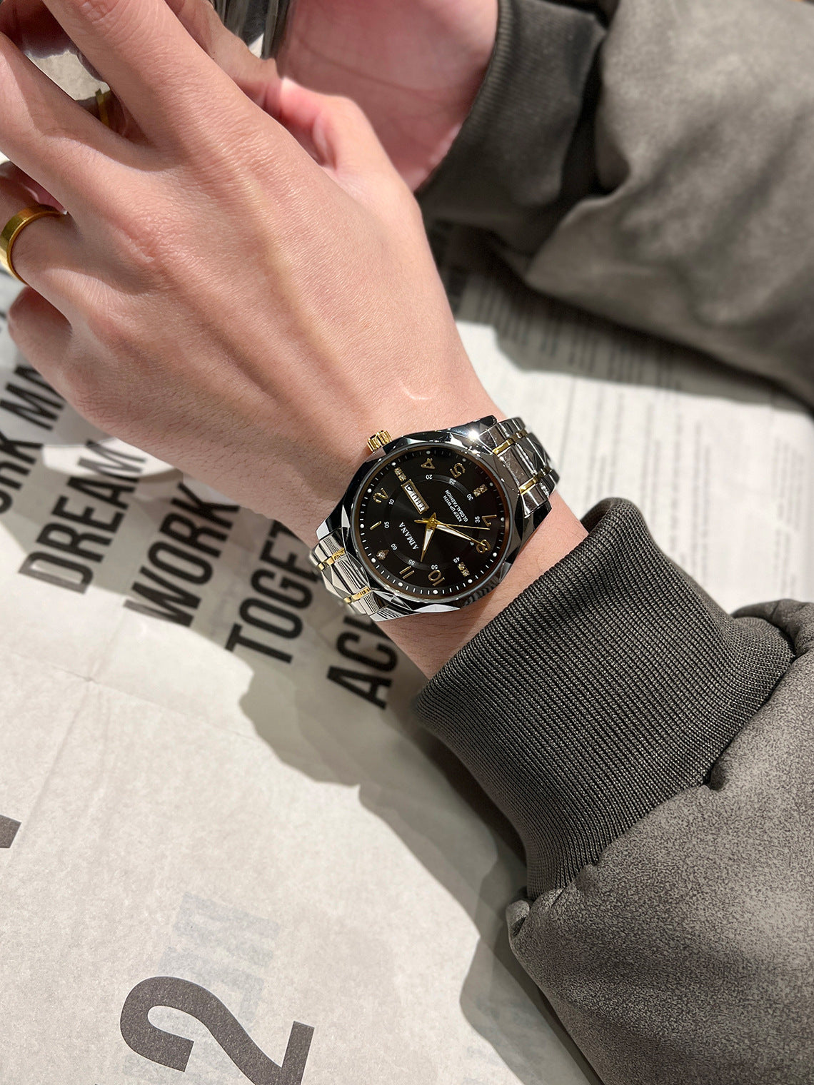 Men's Stainless Steel Quartz Watch with Dual Calendar and Luminous Hands