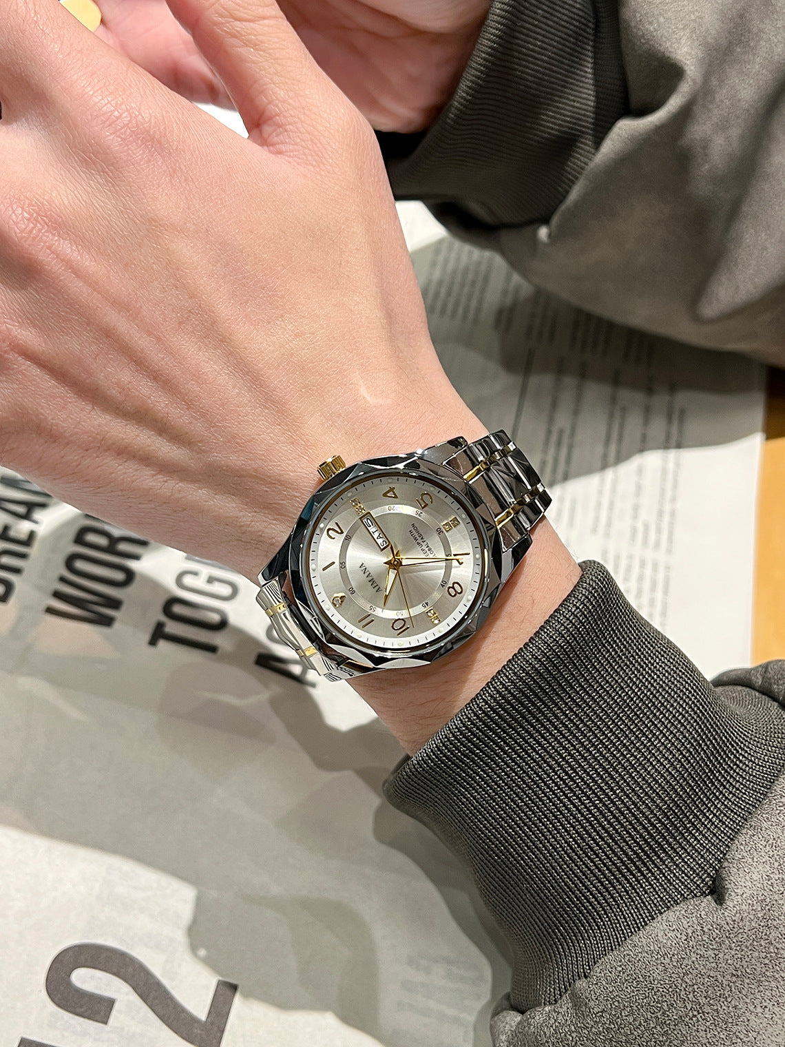 Men's Stainless Steel Quartz Watch with Dual Calendar and Luminous Hands